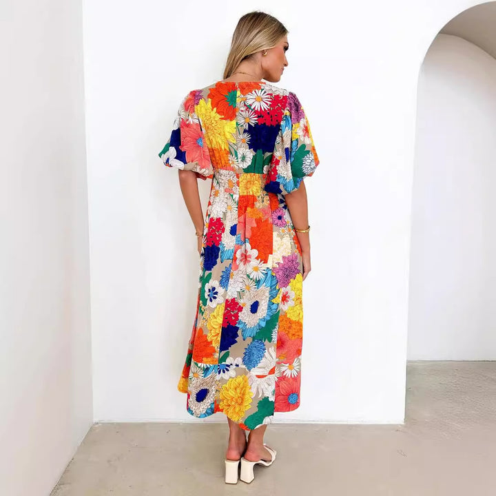 Damen Maxikleid mit voluminösen Puffärmeln und floralem Druck Drune