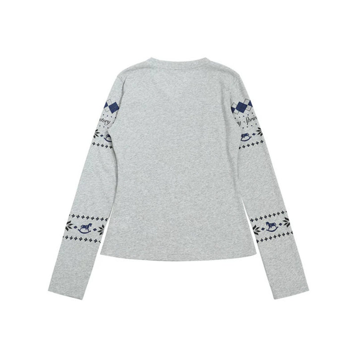 Damen Langarmshirt mit V-Ausschnitt und skandinavischem Norwegerprint aus Baumwollmix Drune