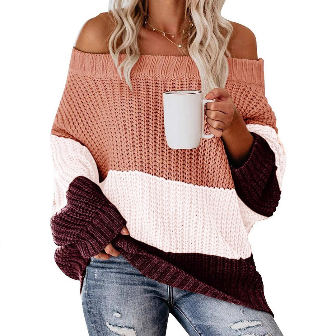 Damen lässiger Grobstrickpullover mit Off-Shoulder Design und dekorativer Farbkombination Drune