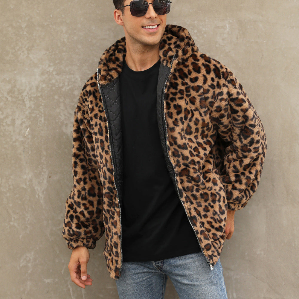 Herren kuschelige Fleecejacke im Leopardenmuster Drune