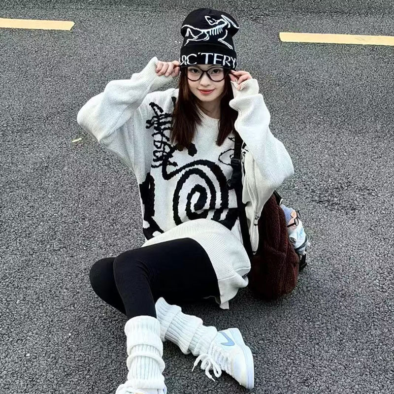 Damen Lässiger Grobstrickpullover mit einzigartigem Kunstmotiv Drune