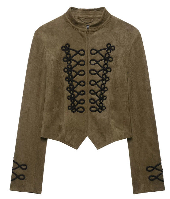 Damen Kurz geschnittene Wildlederjacke im Military‑Look mit Stehkragen und dekorativer Kordelfrosch‑Applikation Drune