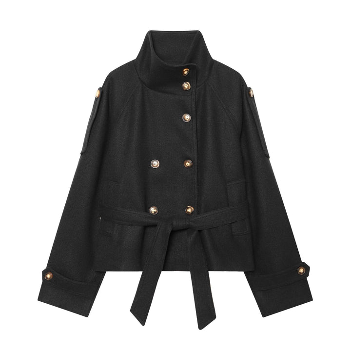 Damen Kurzer Wollcape-Mantel mit doppelreihiger Knopfleiste, hohem Stehkragen und Taillengürtel Drune