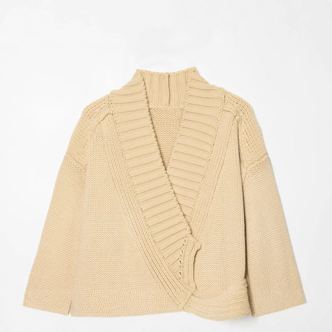 Damen Wickel-Strickcardigan mit Schalkragen, Bindegürtel und Häkelärmeln Drune