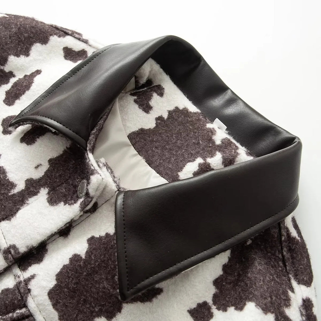 Damen nan oversized Teddyjacke mit Kuhflecken-Print und Lederimitat-Kragen Drune