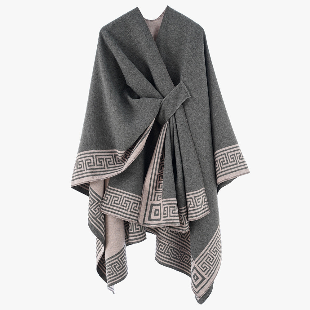 Damen Cape-Umhang aus Wollmix, reversibel mit Bindegürtel und Mäanderbordüre Drune