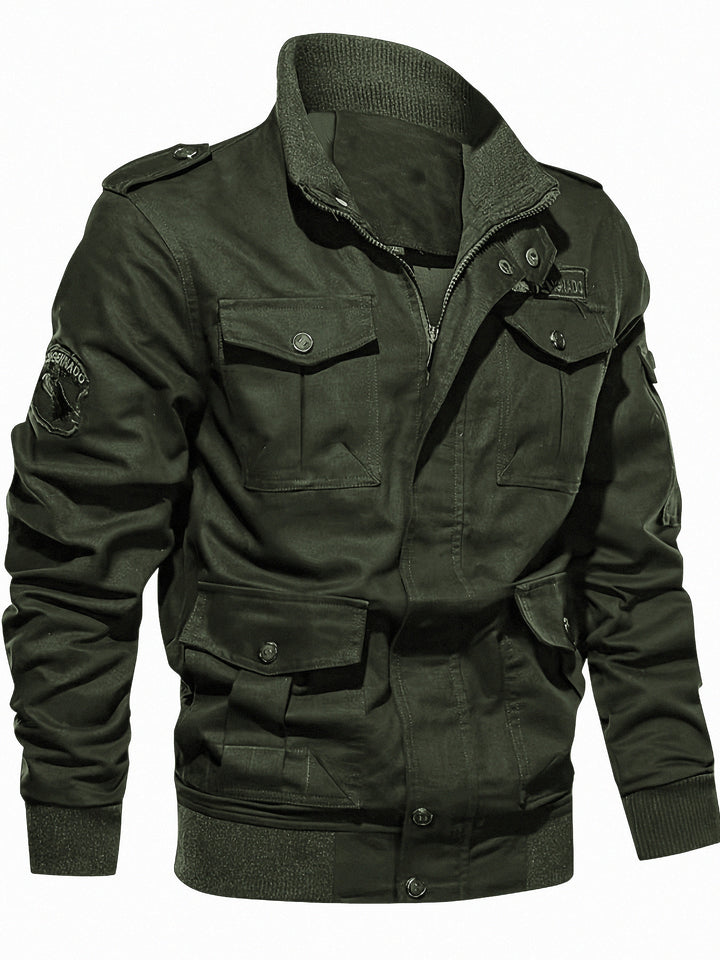 Herren Fieldjacke im Military-Stil mit Mehrfach-Taschen und Strickkragen Drune