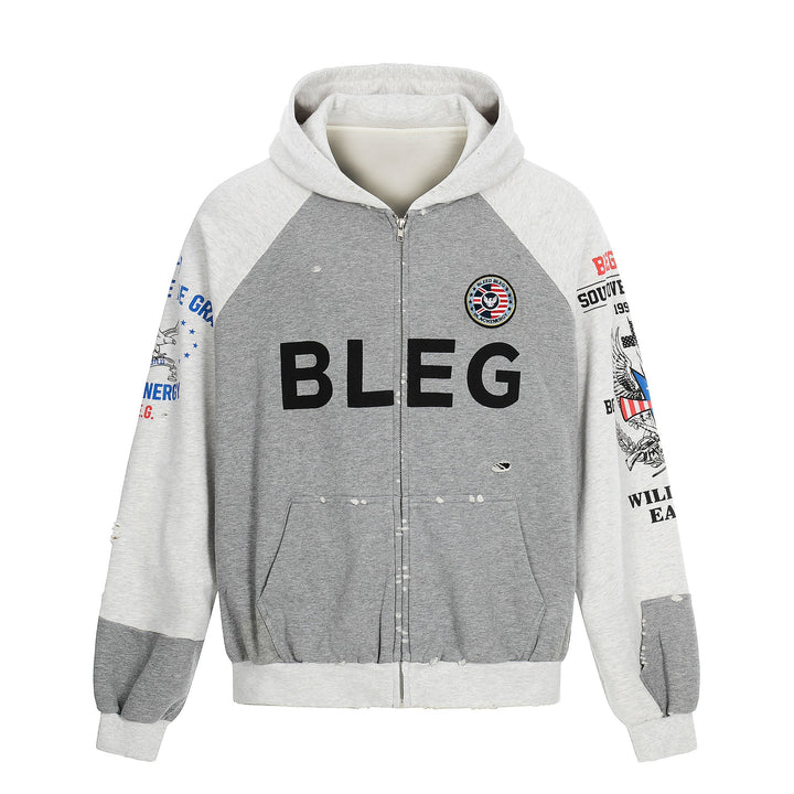 Herren Zip‑Hoodie im Vintage‑College‑Look mit Raglanärmeln und Distressed‑Details Drune