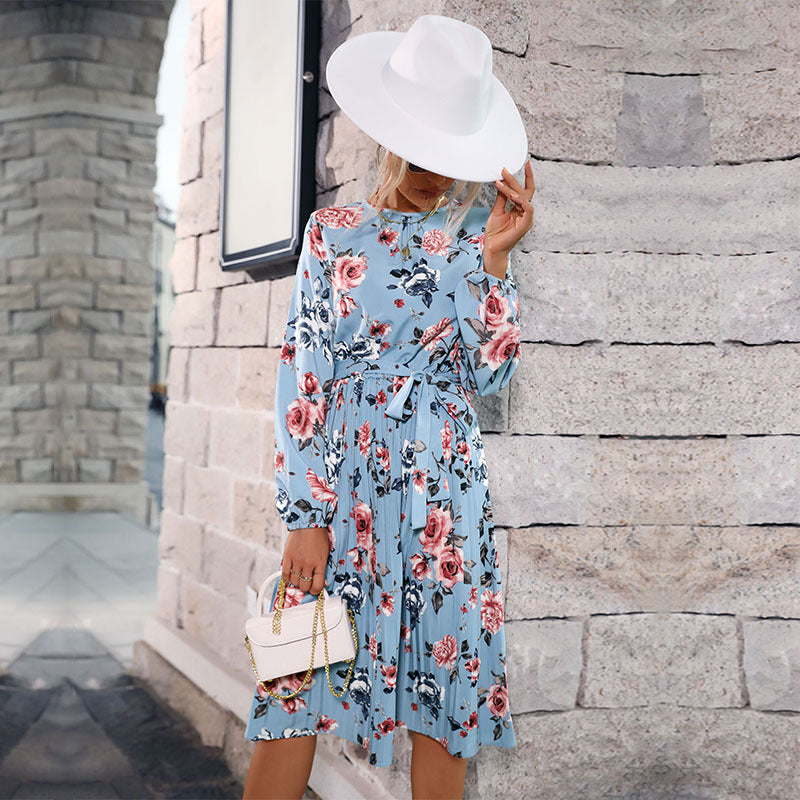 Damen Midikleid mit Blumenprint, plissiertem Rockteil und tailliertem Bindegürtel Drune