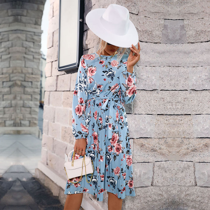 Damen Midikleid mit Blumenprint, plissiertem Rockteil und tailliertem Bindegürtel Drune