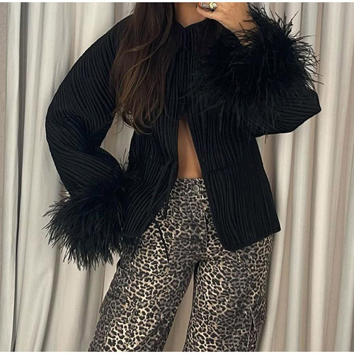 Damen elegante Jacke mit aufwendigen Fell-Ärmeln Drune