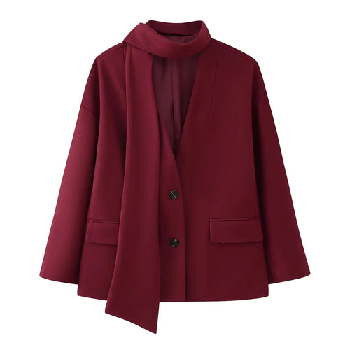 Damen nan kastiger Mantelblazer mit integriertem Schlauchschal, legerer Boxy‑Silhouette und Pattentaschen Drune