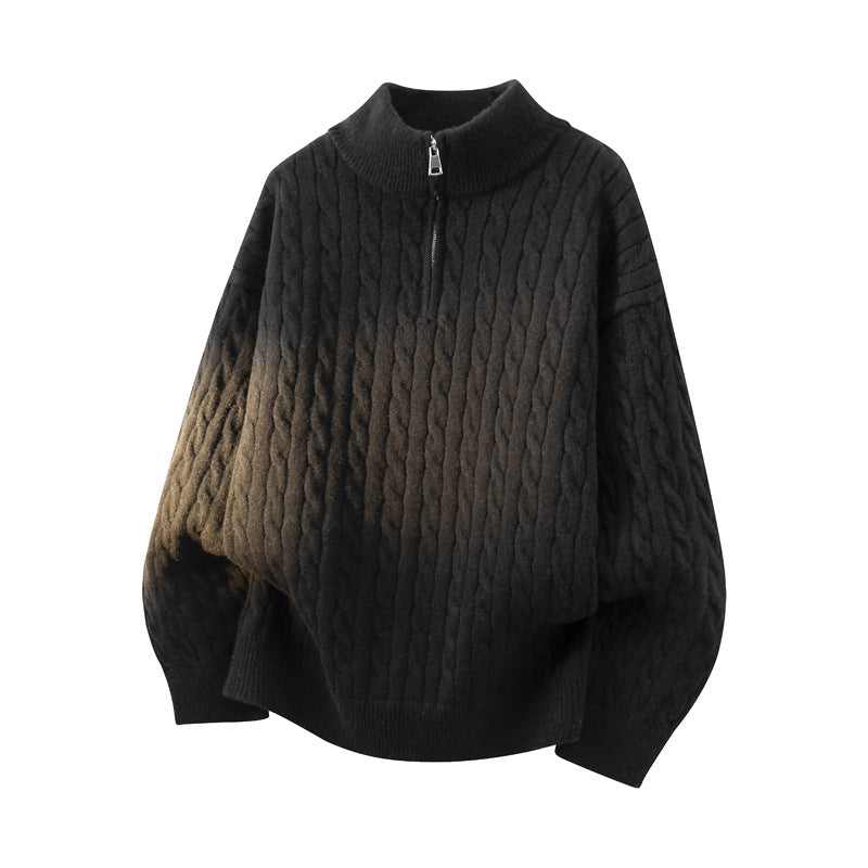 Damen Grobgestrickter Half-Zip Pullover mit Zopfmuster und Stehkragen Drune