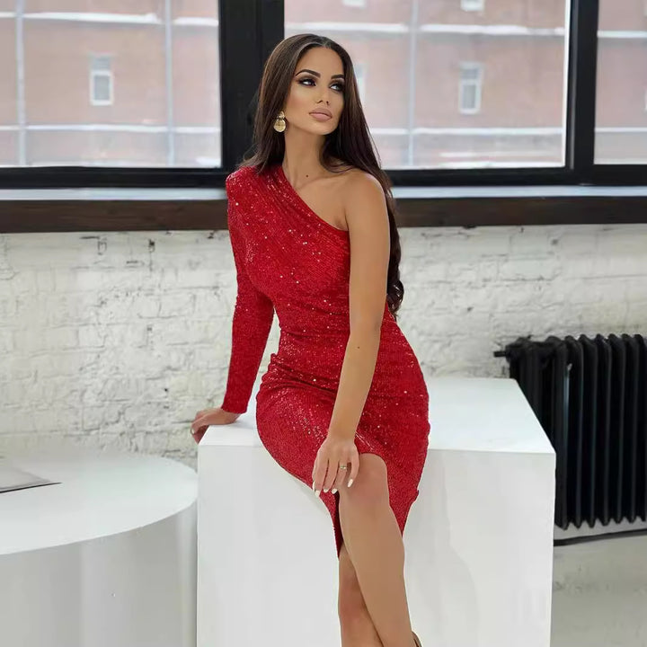 Damen Glitzerndes Etuikleid mit asymmetrischem Ausschnitt und langem Arm Drune