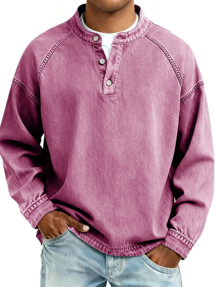 Herren nan verwaschenes Henley-Shirt mit Stehkragen, lockerer Passform und Knopfleiste Drune