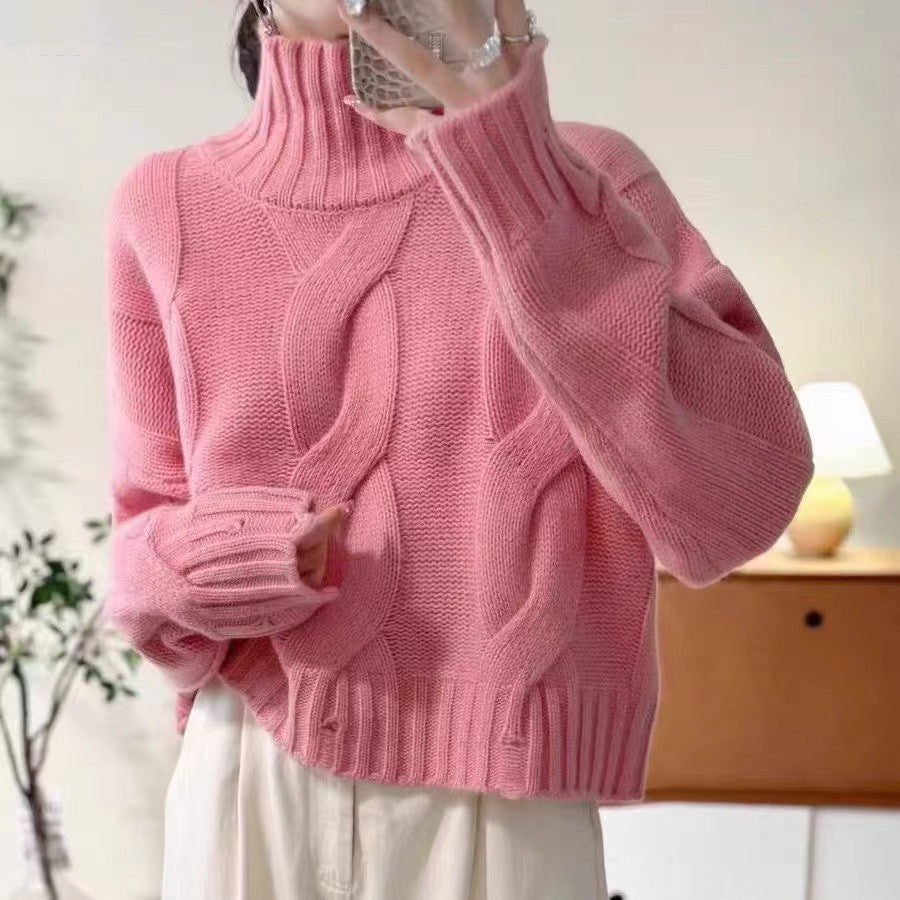Damen Strickpullover mit hohem Kragen und Kabelmuster Drune