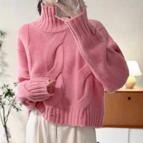 Damen Strickpullover mit hohem Kragen und Kabelmuster Drune