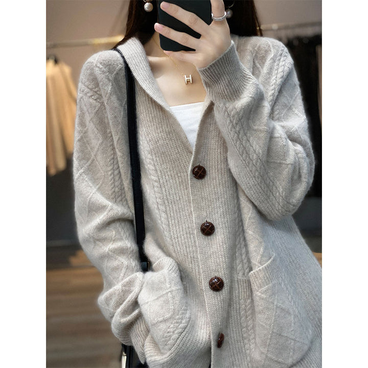 Damen Strickjacke mit Kapuze und großen Knöpfen Drune