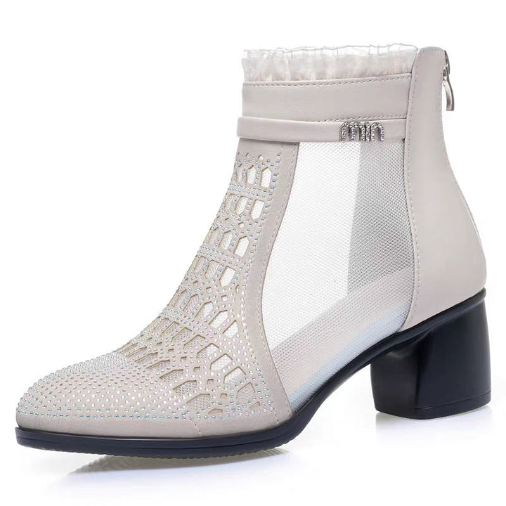 Damen Modische Ankle Boots mit durchscheinendem Netzdesign und elegantem Glitzereinlagen Drune