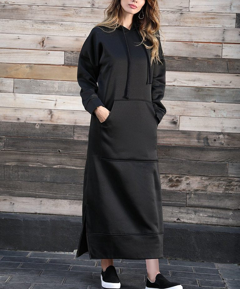 Damen nan langes Kapuzen-Sweatkleid mit Kängurutasche, Seitenschlitzen und lockerer Oversize-Passform Drune