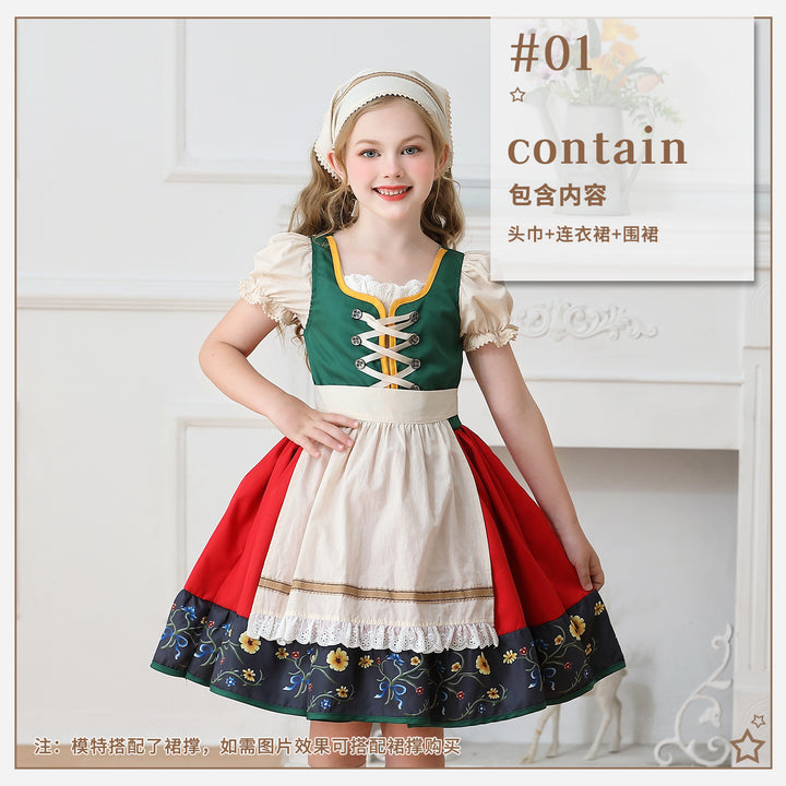 Damen nan traditionelles Kinderdirndl Kleid mit dekorativer Schnürung Schürze und Spitzenkopftuch Drune