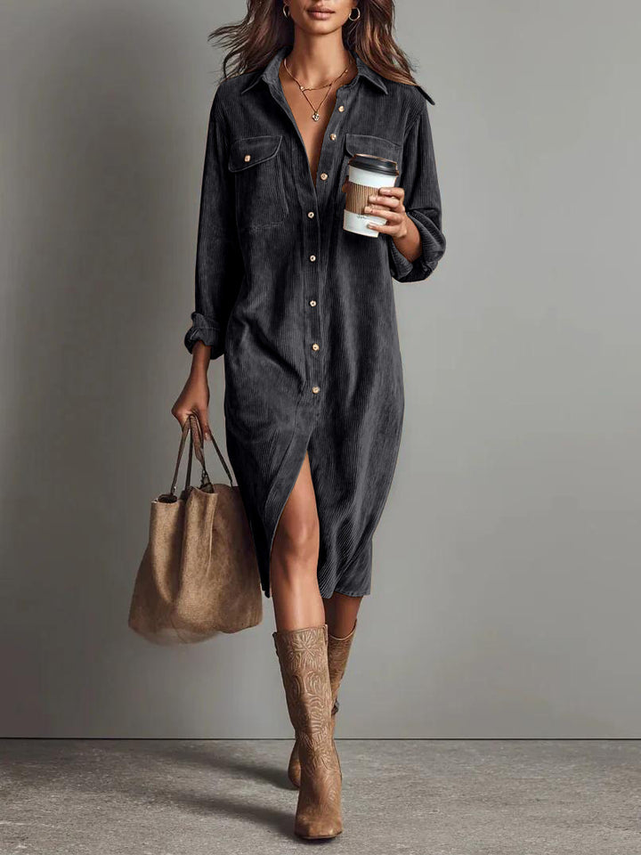 Damen Hemdblusenkleid aus Cord mit Brusttaschen, Knopfleiste und Schlitze Drune