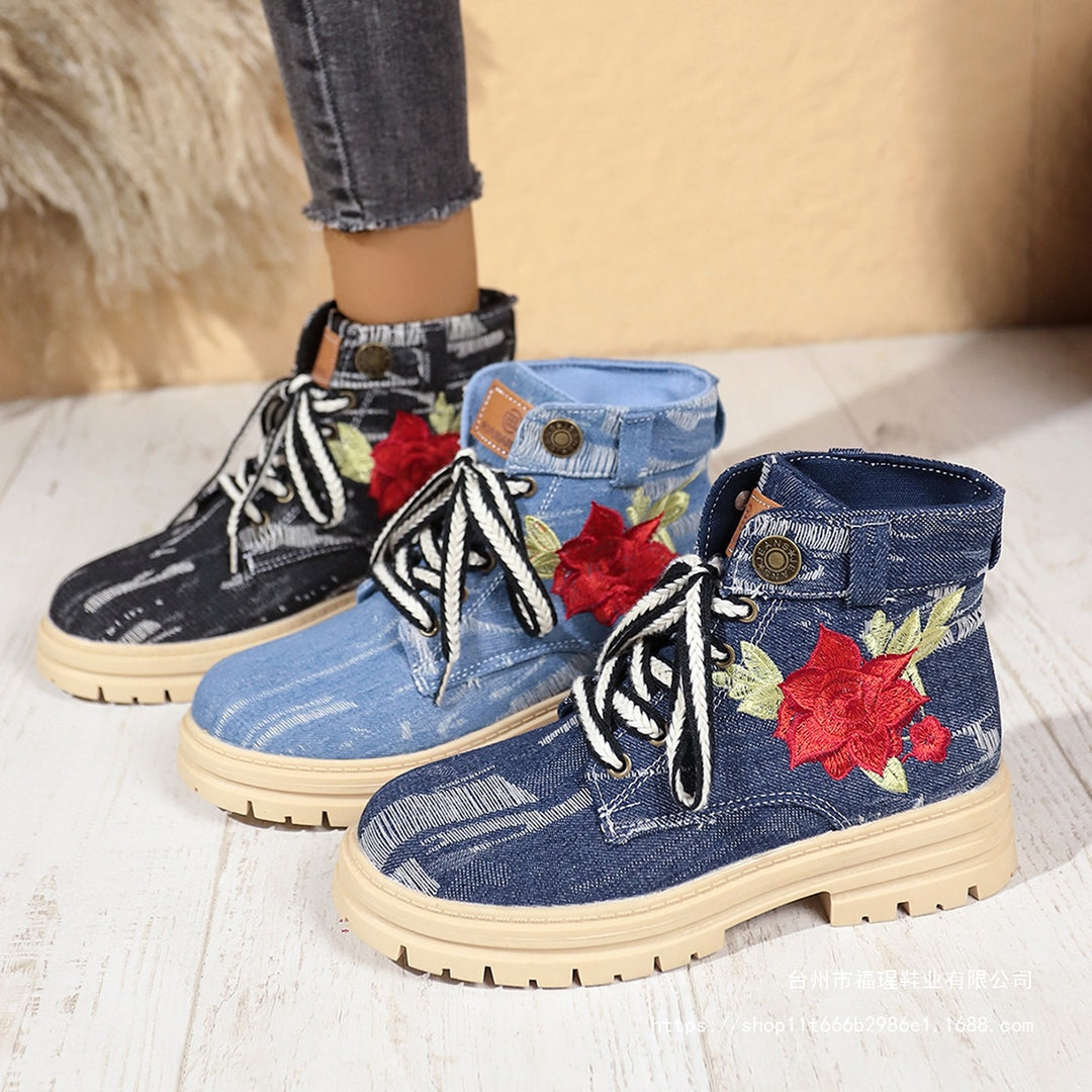 Damen Modische Schnürstiefeletten mit floralem Stickmuster und rutschfester Sohle Drune