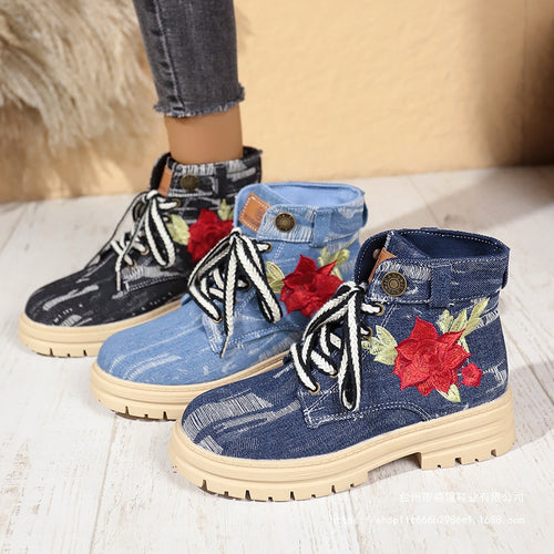 Damen Modische Schnürstiefeletten mit floralem Stickmuster und rutschfester Sohle Drune