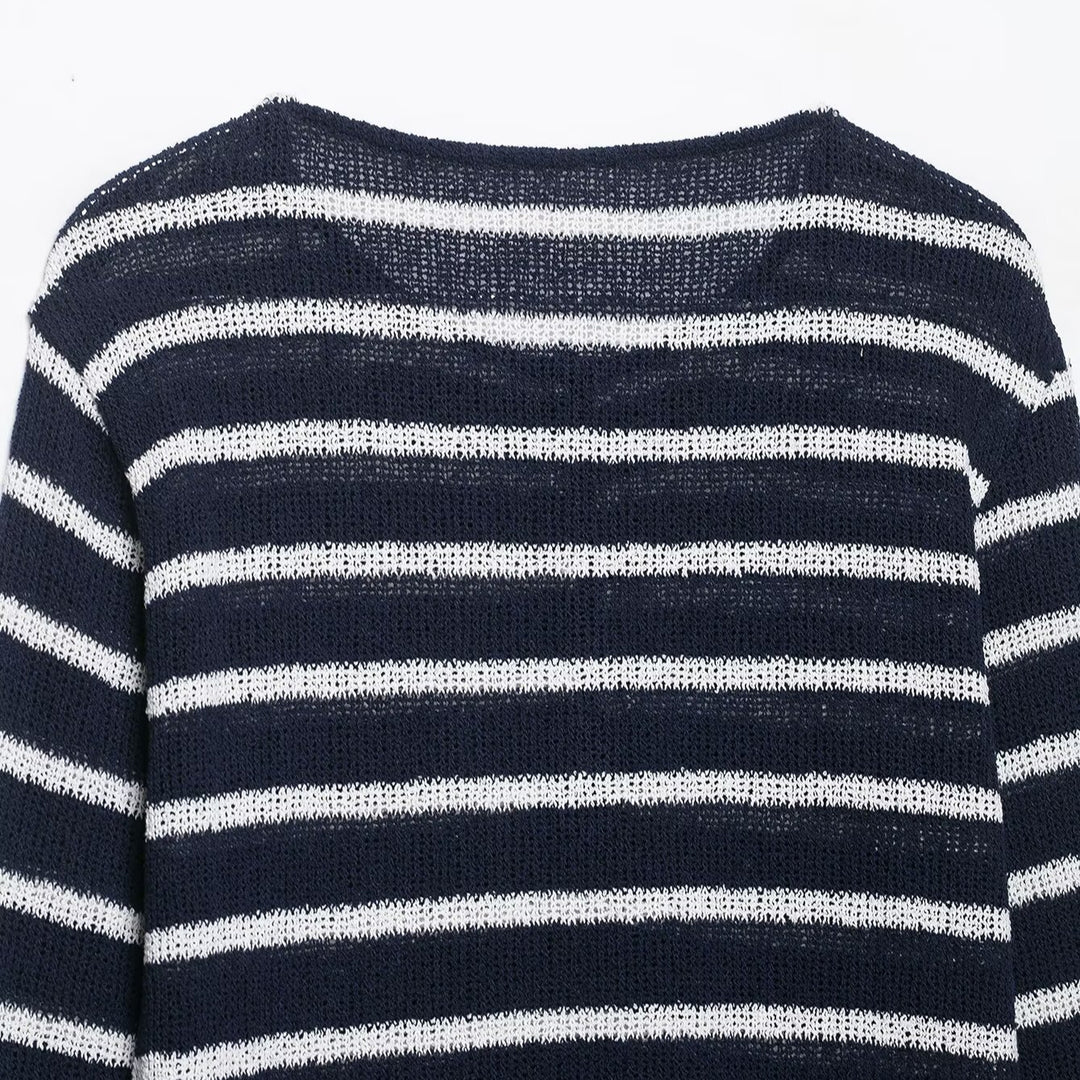 Damen Streifensweater mit Knopfleiste und leichtem Strukturstrick Drune