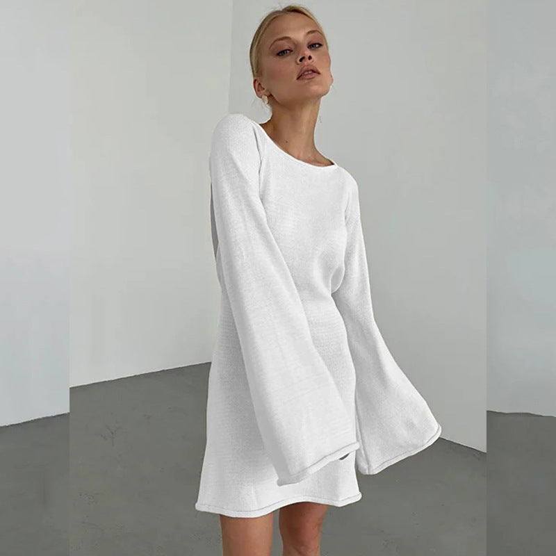 Damen Figurbetontes Feinstrick-Minikleid mit ausgestellten Trompetenärmeln Drune