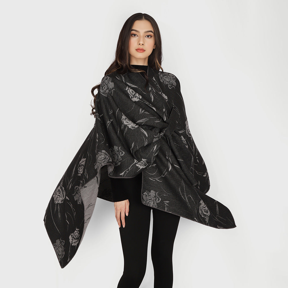 Damen Wendbarer Capeponcho mit Rosen-Jacquard und Bindegürtel Drune