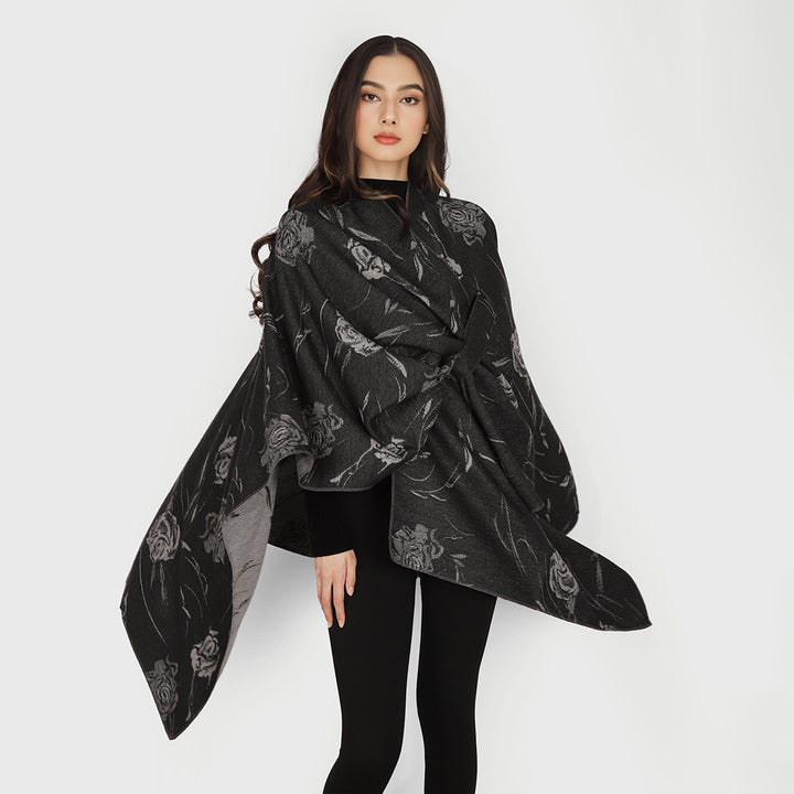 Damen Wendbarer Capeponcho mit Rosen-Jacquard und Bindegürtel Drune