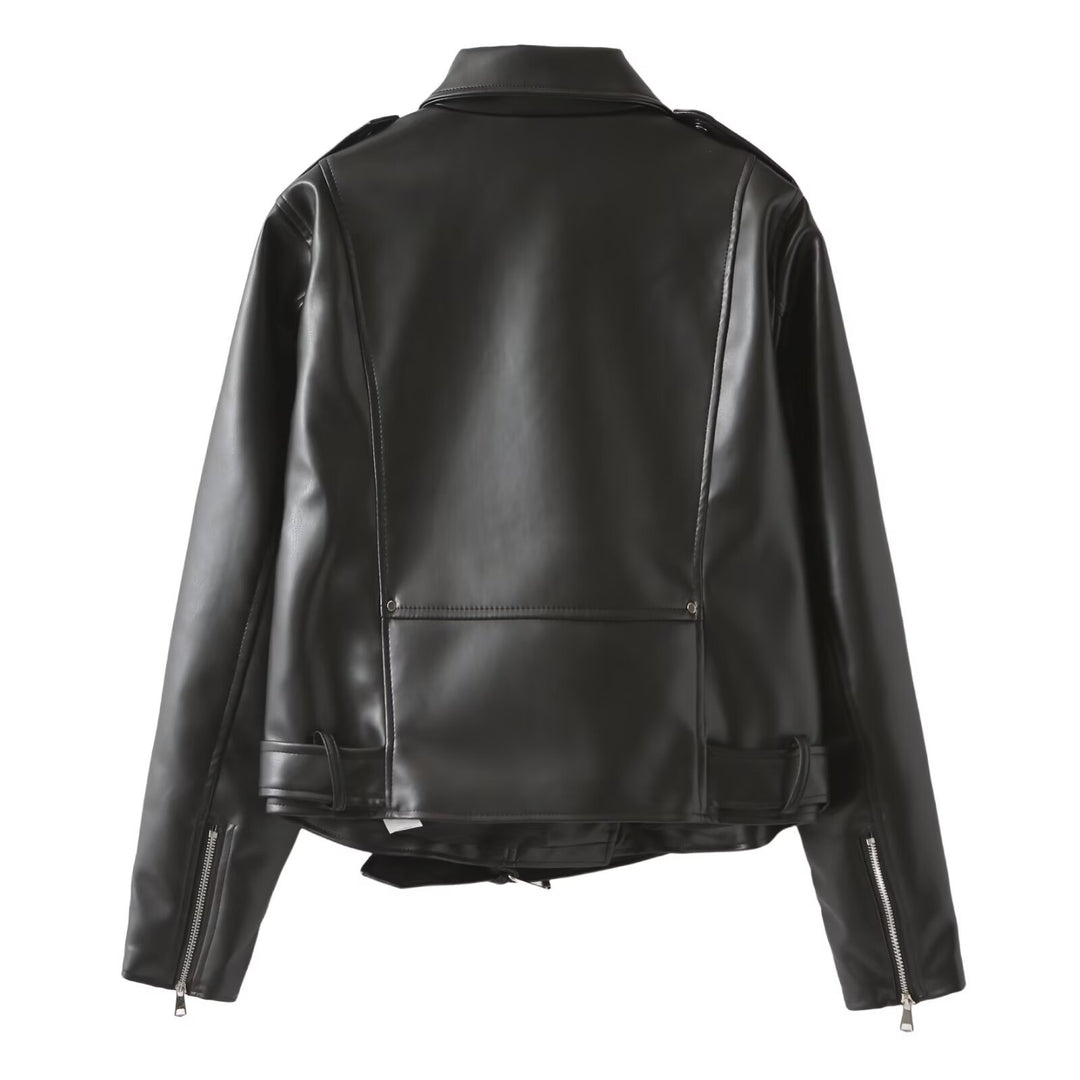 Damen Bikerjacke aus veganer Lederoptik mit Taillengürtel und asymmetrischem Reißverschluss Drune
