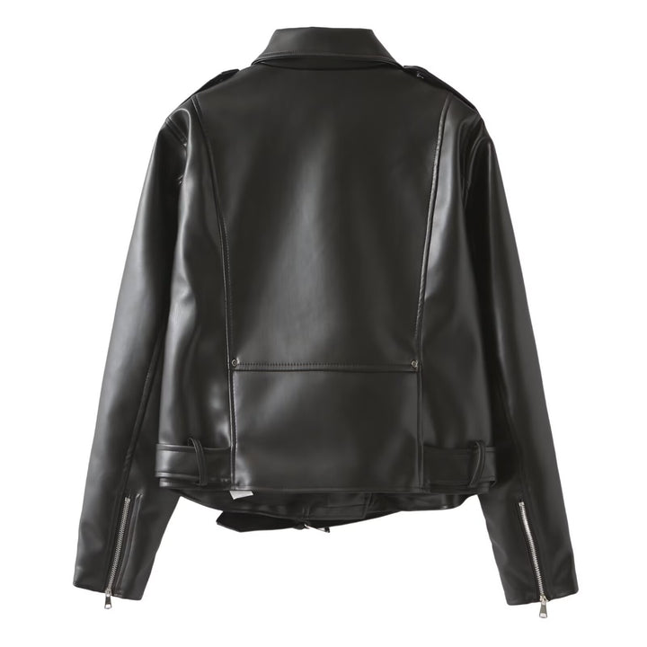Damen Bikerjacke aus veganer Lederoptik mit Taillengürtel und asymmetrischem Reißverschluss Drune