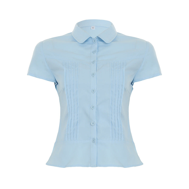 Damen kurzärmliges Hemdblusenshirt mit tailliertem Schnitt und eleganten Raffungen Drune