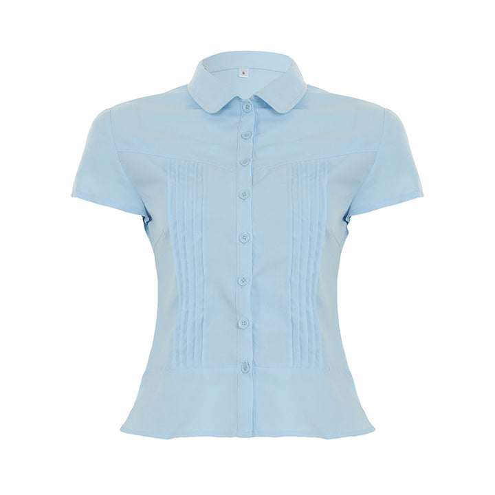 Damen kurzärmliges Hemdblusenshirt mit tailliertem Schnitt und eleganten Raffungen Drune