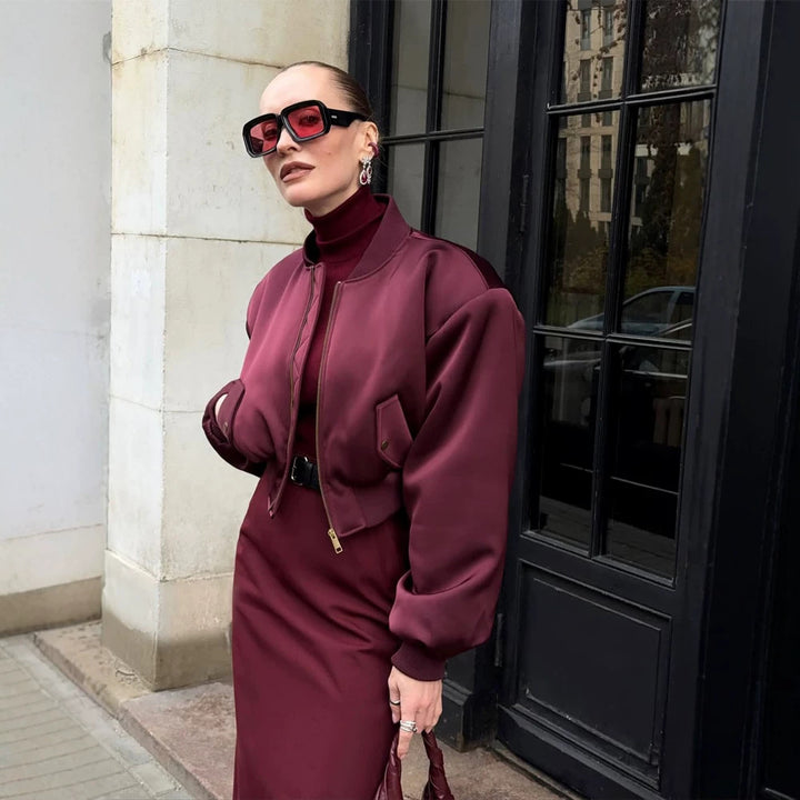 Damen Kurzer Satin‑Bomber mit kastiger Silhouette, Pattentaschen und elastischem Bündchen Drune