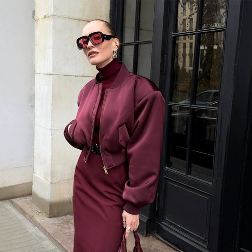 Damen Kurzer Satin‑Bomber mit kastiger Silhouette, Pattentaschen und elastischem Bündchen Drune