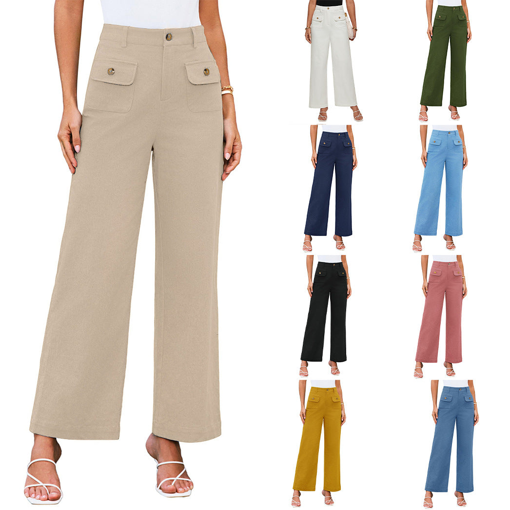 Hochtaillierte Damen-Trousers mit weitem Bein und Knopfklappen-Pattentaschen Drune