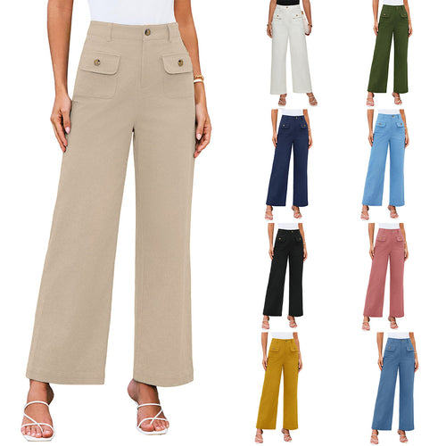 Hochtaillierte Damen-Trousers mit weitem Bein und Knopfklappen-Pattentaschen Drune