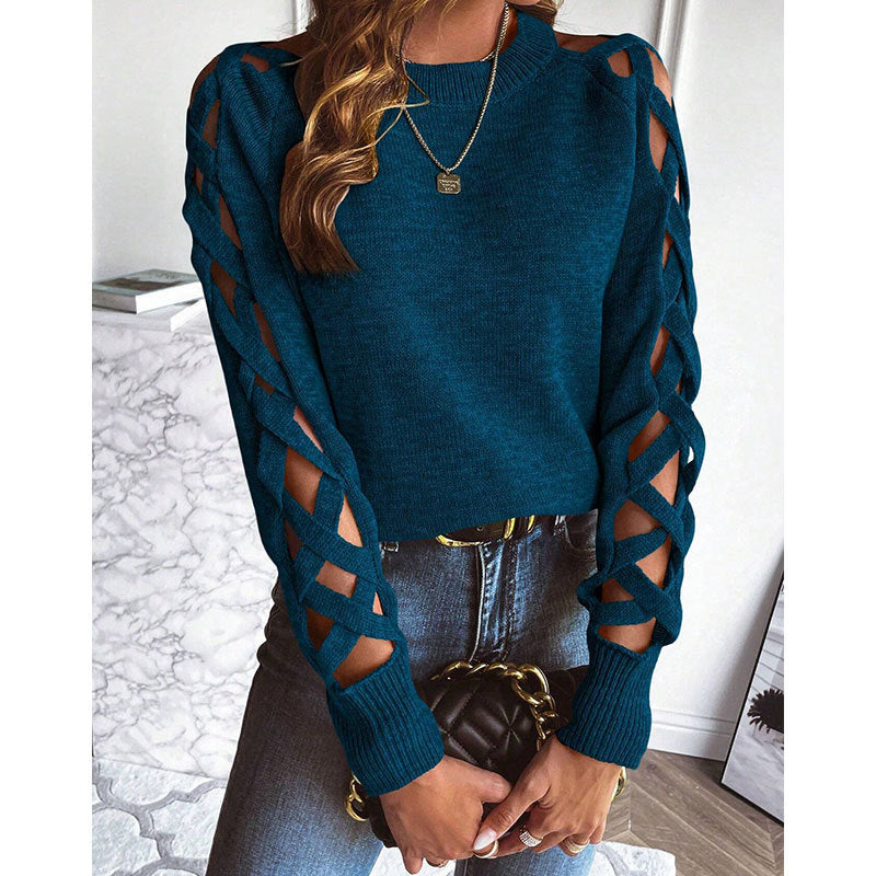 Damen modischer Strickpullover mit offenen Ärmeln und Schnittdetails Drune