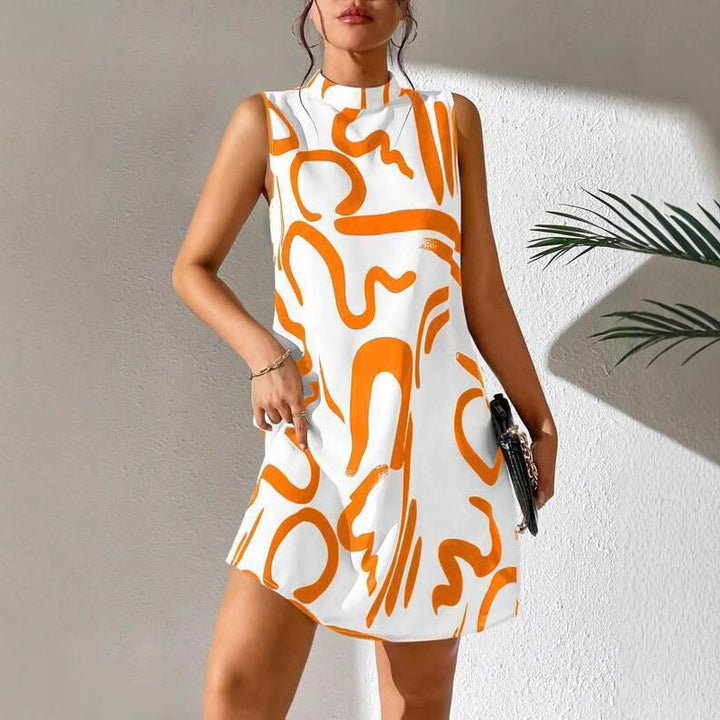 Damen A-linien Minikleid mit modernem grafischem Muster und Stehkragen Drune