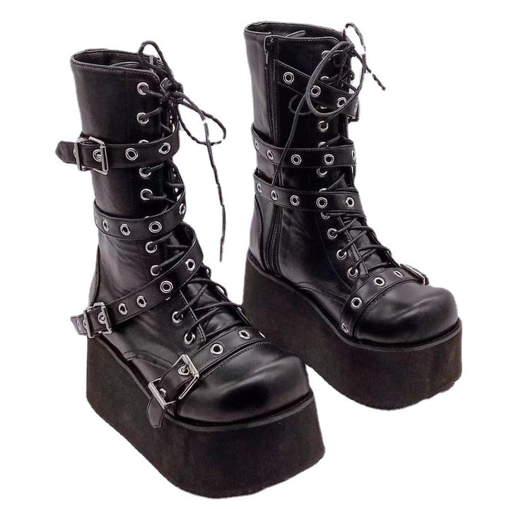 Damen nan hochschaftige Gothic Plateau-Boots mit mehrfachen Metallschnallen, Ösen und seitlichem Reißverschluss Drune