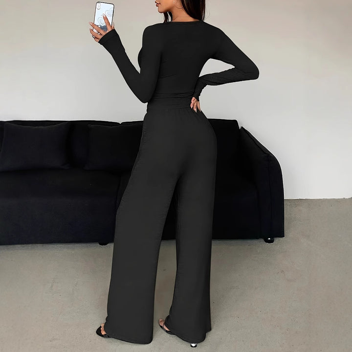 Damen Casual Rippstrick Lounge-Set mit Off-Shoulder Henley-Oberteil und weit geschnittenen Jogginghosen Drune