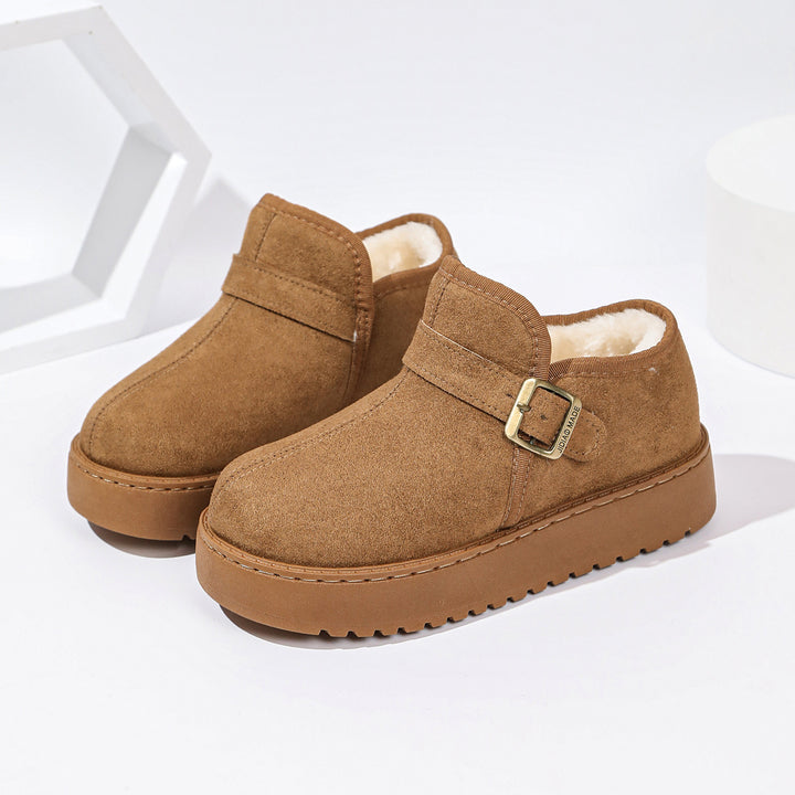 Damen Gefütterte Kurzschaft-Stiefel in Wildleder-Optik mit Plateau und Schnallenriemen Drune