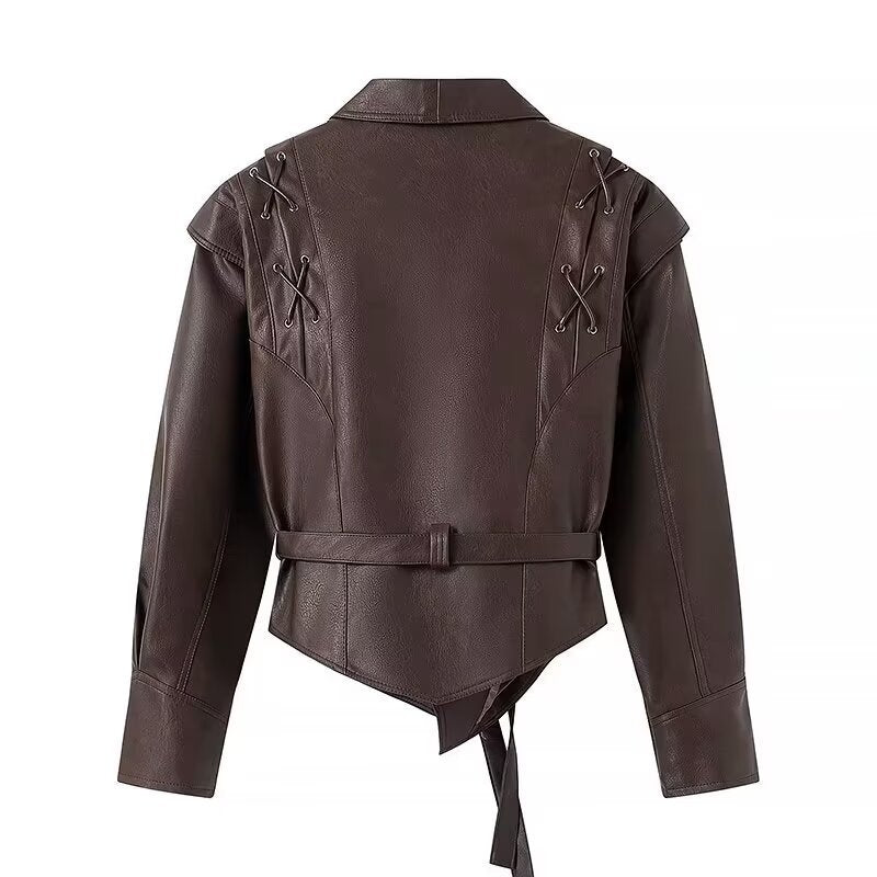 Damen Kurzblazer-Lederjacke mit Schalkragen, Taillengürtel und Schnürdetail Drune