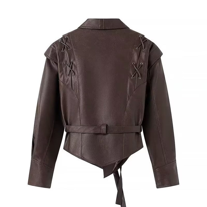 Damen Kurzblazer-Lederjacke mit Schalkragen, Taillengürtel und Schnürdetail Drune