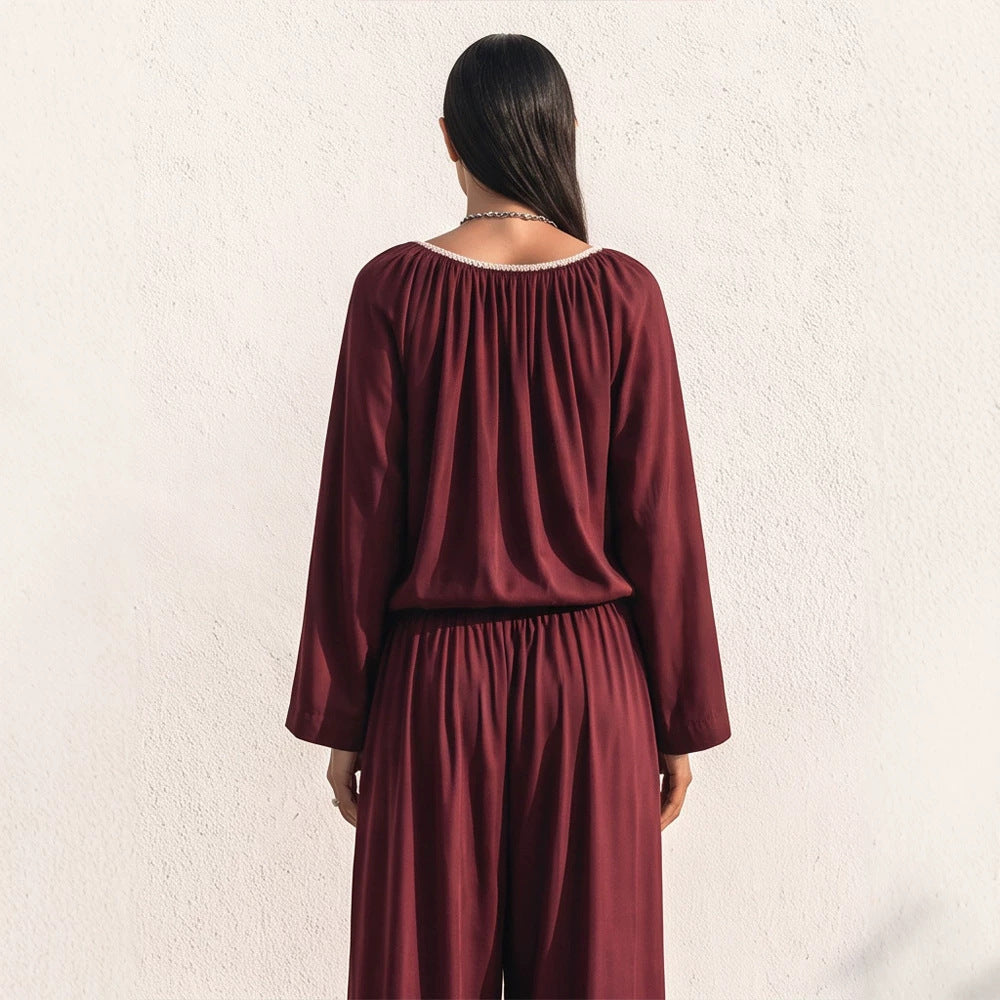 Damen Fließendes zweiteiliges Loungewear-Set aus Seidenoptik mit weiter Palazzohose und geraffter Tunika Drune