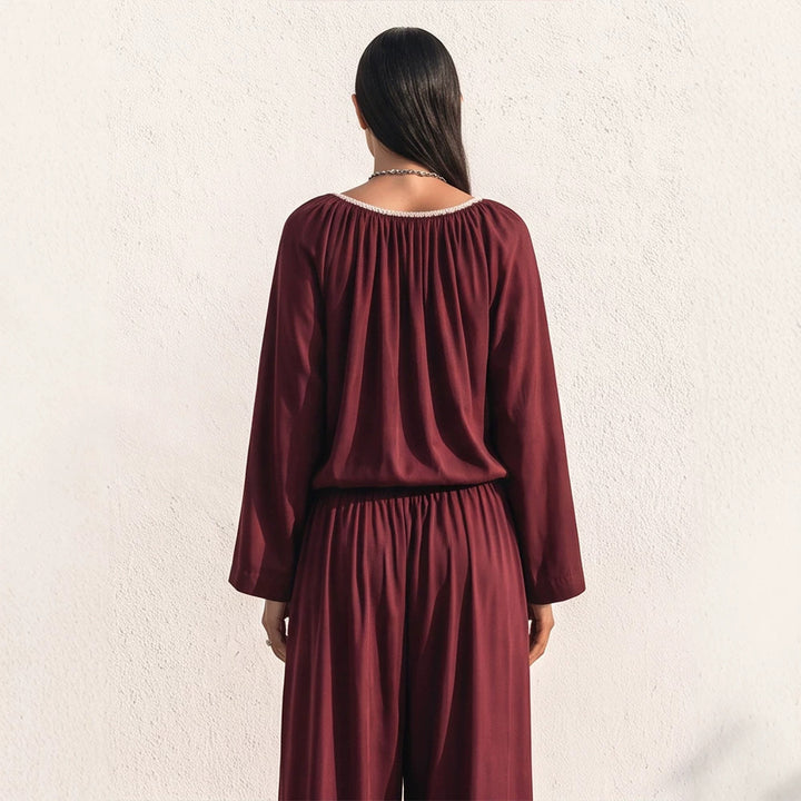 Damen Fließendes zweiteiliges Loungewear-Set aus Seidenoptik mit weiter Palazzohose und geraffter Tunika Drune