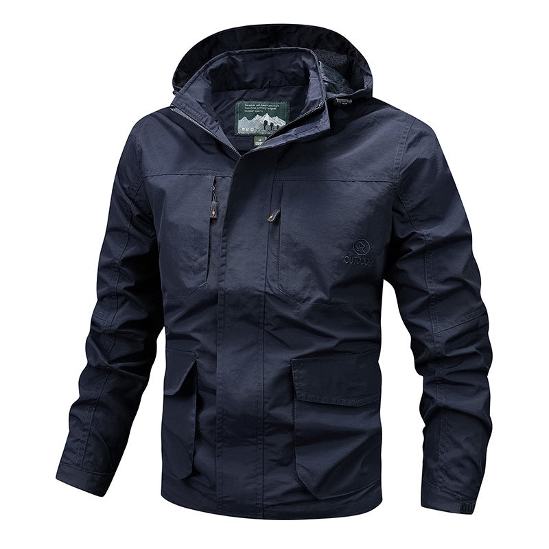 Herren Technische leichte Outdoorjacke mit Kapuze wasserabweisend und Multifunktionstaschen Drune